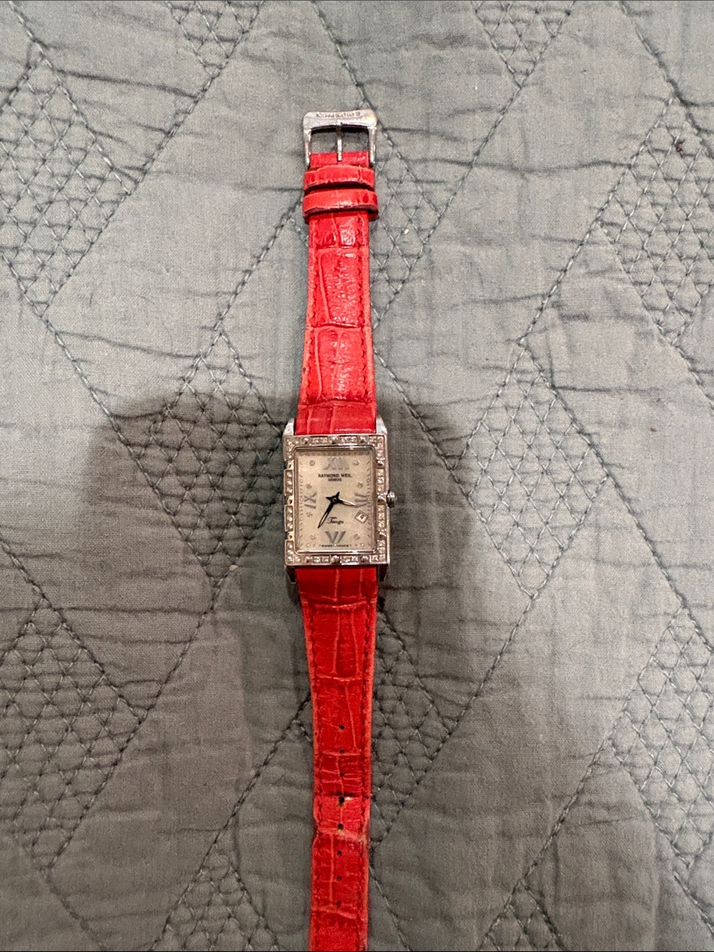 Raymond Weil Vintage Tango red Croc-Texture Square Face Watch w/diamond bezels